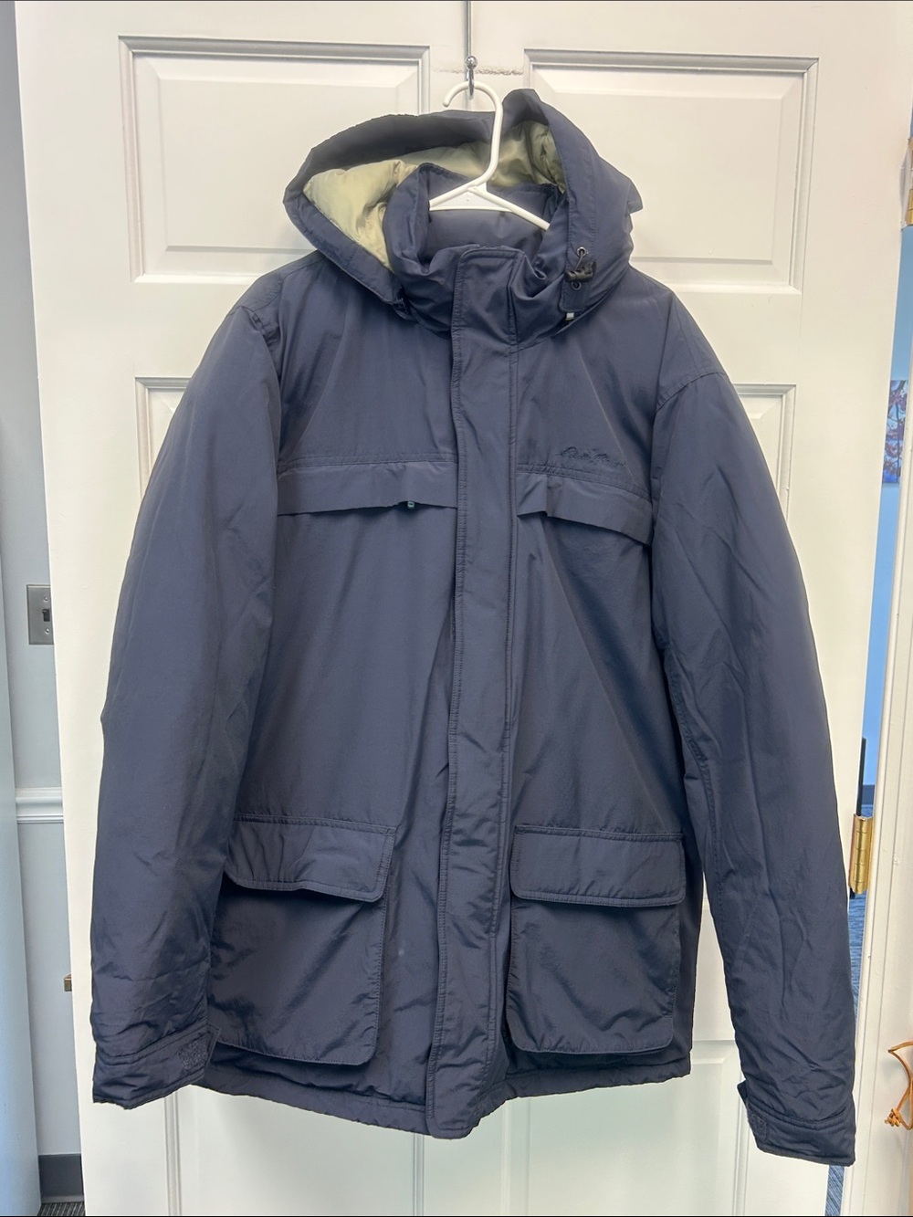 Eddie Bauer Men’s LT Goose Down Hooded Blue Parka Jacket Tall Winter Coat VTG